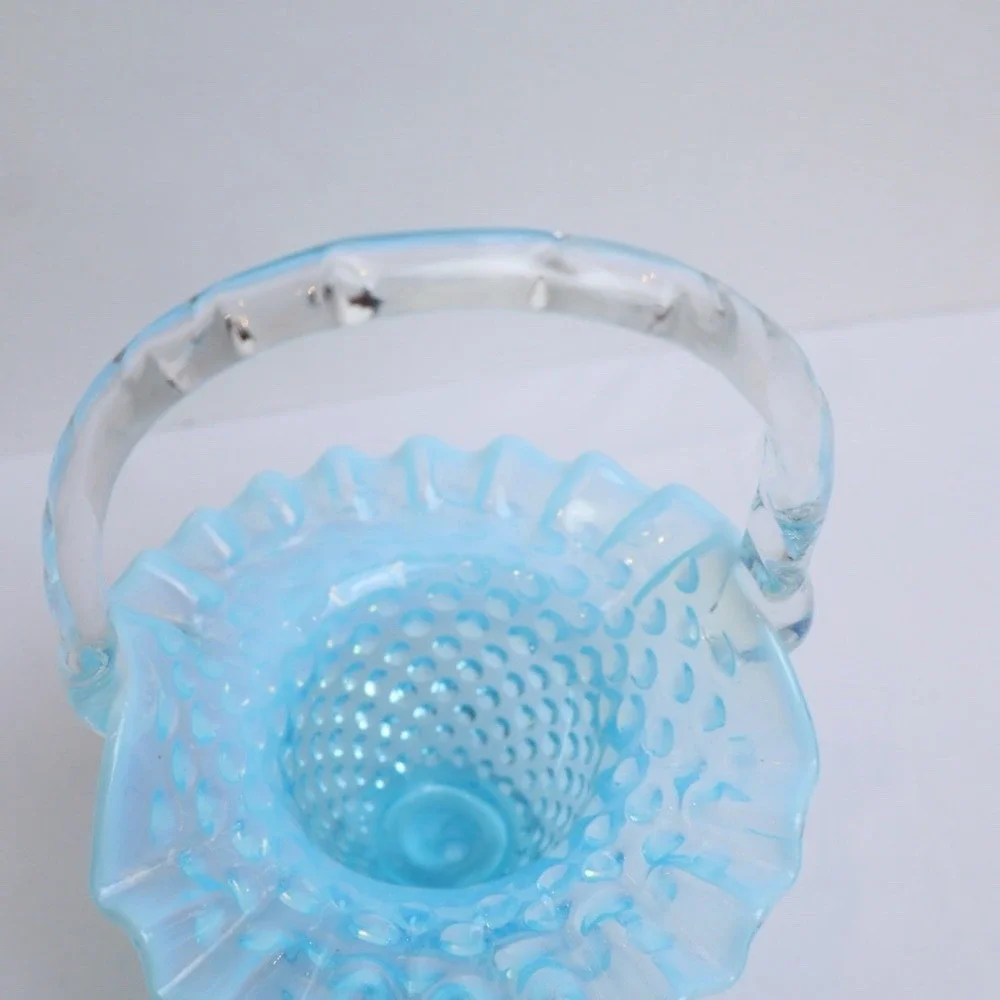 VTG Fenton Hobnail Basket Small Blue Opalescent Glass Ruffled Edge Collectible